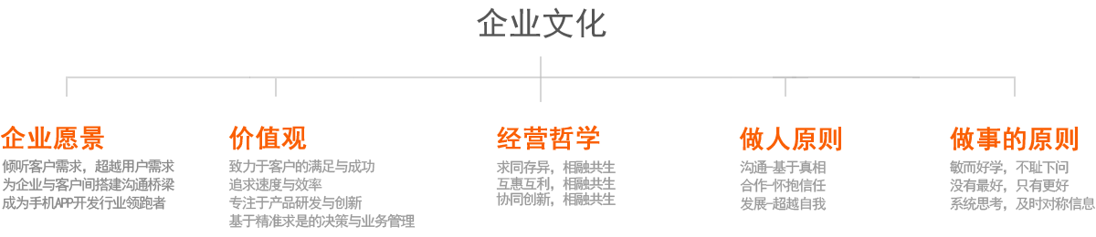 企業文化：企業愿景、做事原則、價值觀等